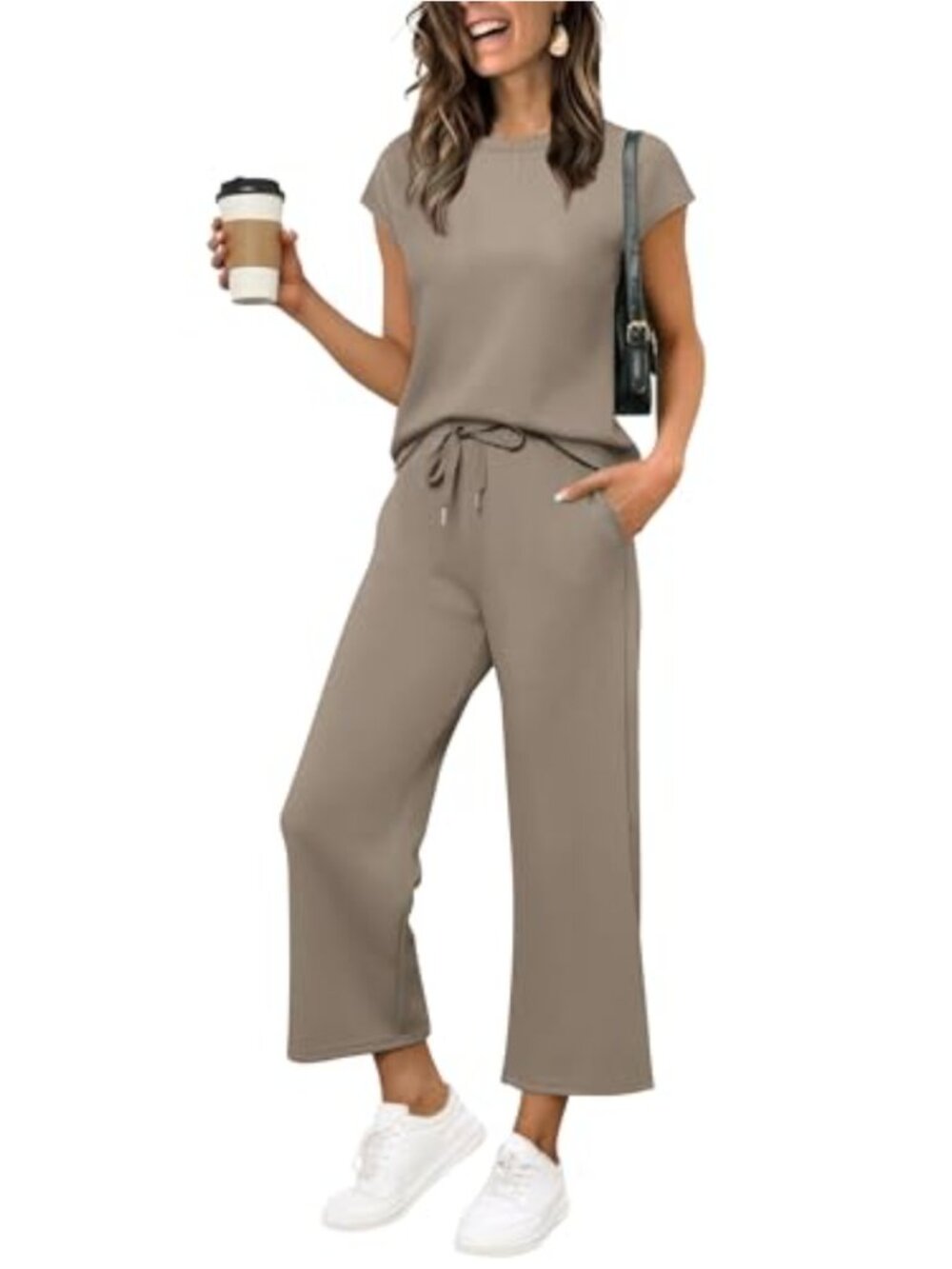 Womens 2 Piece Lounge Set Cap Sleeve Wide Leg Crop Pants Vacation Outfit